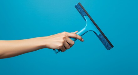 Woman holding turquoise squeegee for cleaning glass or mirror. Cleaning equipment holding in hand. Home cleaning service concept with cleaning tool in operation