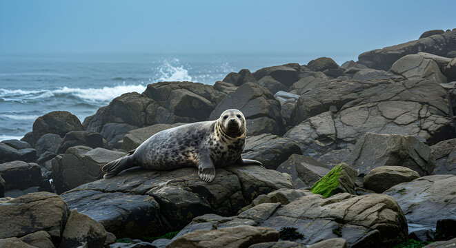 Grey seal lounging on jagged coastal rocks with ocean backdrop landscape