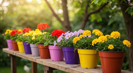 Colorful flower pots arranged on a wooden table radiating joy and warmth during a sunny gardening season with vibrant blooms surrounded by lush greenery