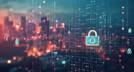 Fototapeta premium An abstract digital cityscape with floating padlock icons, representing the idea of security in urban technology spaces symbolizing cyber safety and protection within smart cities Generative AI