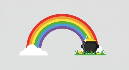 Colorful rainbow arching over a pot of gold with sparkling coins, set against a light background, evoking a whimsical and festive atmosphere associated with treasure and luck