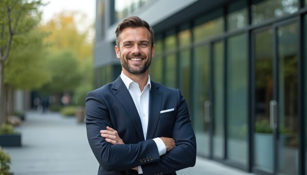 Smiling businessman real estate agent realtor stands arms crossed near office building. Confident male pro, businessperson poses. Success, leadership, finance, career, insurance, loan, property, home