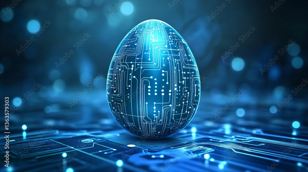 Fototapete digital easter egg with circuit pattern on blue background. futuristic technology concept for holida