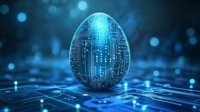 Digital Easter egg with circuit pattern on blue background. Futuristic technology concept for holiday greeting card. Modern AI and cyber security illustration