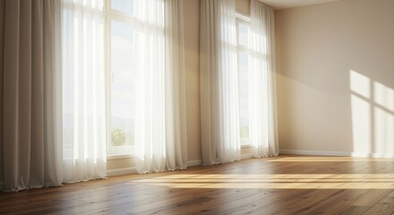 Obraz premium Bright,airy room with sheer white curtains and sunlit wooden floor conveying a sense of freshness and renewal representing a clean, serene space perfect for post-winter detox