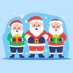 Three jolly santa claus figures holding wrapped colorful presents together