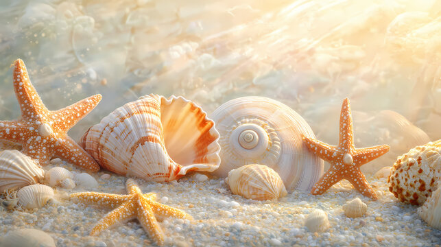 Sunlit seashells and starfish create a serene coastal display, capturing tranquil ocean vibes. Dreamers Shell. Illustration