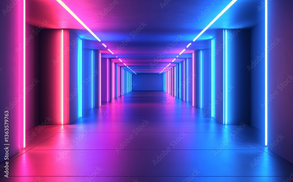 Poster the scene is set with a 3d render of an illuminated corridor and tunnel filled with red and blue neo