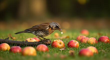 Obraz premium Fieldfare perched amidst windfall apples in an autumn meadow landscape