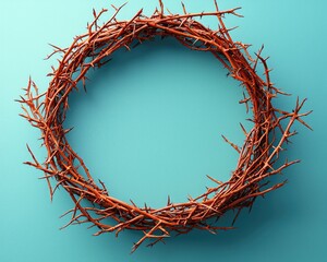 Fototapeta premium Circular arrangement of thorny branches on a blue background, symbolizing nature