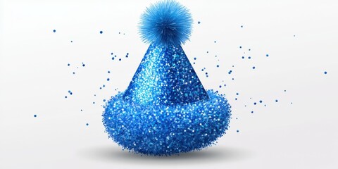 Bright blue party hat with pom pom surrounded by shimmering confetti and sparkles suitable for celebrations