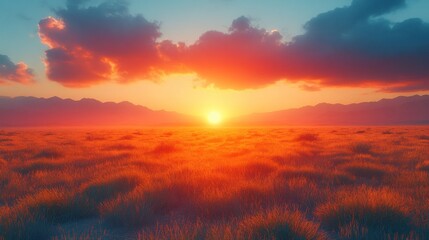Obraz premium Vibrant sunset over a vast, orange grassland with silhouetted mountains.