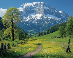 Lush green meadow with vibrant wildflowers and majestic mountains in background