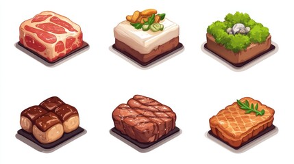 Isometric view of assorted gourmet food dishes;  restaurant menu illustration