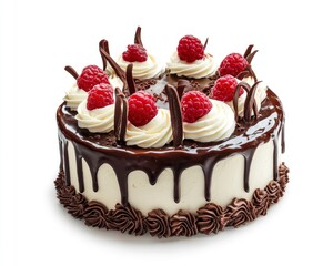Delicious Chocolate Raspberry Cake with Cream on White Background