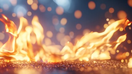 Blazing flames dance above textured ground, with blurred glowing lights at back