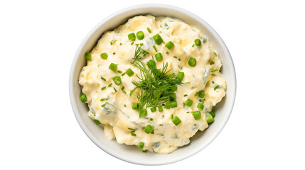 Overhead view of potato salad with dill and green onions in a white ceramic bowl dishisolated on transparent background