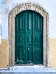Green Wooden Door In Stone Arch, Kastellorizo Island, Greece, Spring Day, Traditional Architecture, Travel And Tourism, Real Estate, Cultural Heritage, Mediterranean Lifestyle, Preservation