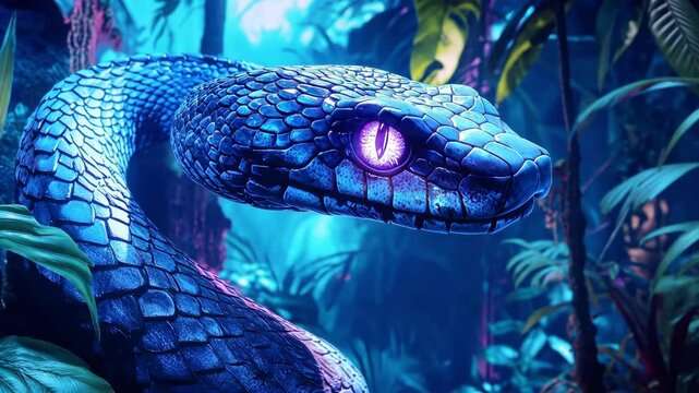 Captivating close-up of a vibrant snake in a lush jungle, showcasing vivid colors and intricate patterns