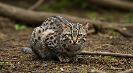 Naklejka premium Captivating flat-headed cat portrait: A wild feline in its natural habitat