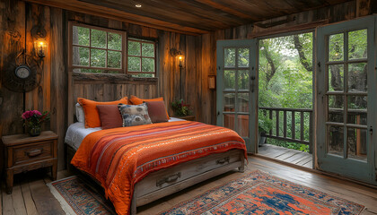 Rustic bedroom interior with bed & open door to nature-filled patio