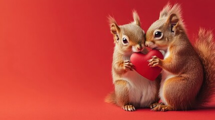 Two adorable baby squirrels holding a red heart against a vibrant red background.