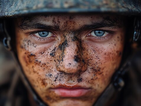 A determined soldier stares intensely at the viewer intently