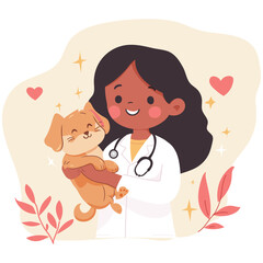 A vet clinic worker, animal doctor with stethoscope and puppy. World Veterinary Day. Isolated vector illustration in flat style for flyer, banner, landing page, blog of veterinary clinic, hospita
