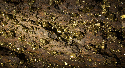 Glistening pyrite crystals embedded within rugged cave walls, glittering golden treasure