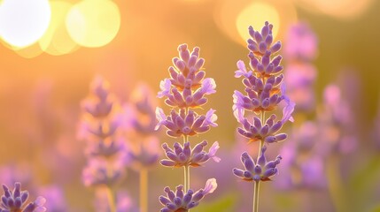 Obraz premium Close-up of lavender flowers against a golden sunset background with soft bokeh effects