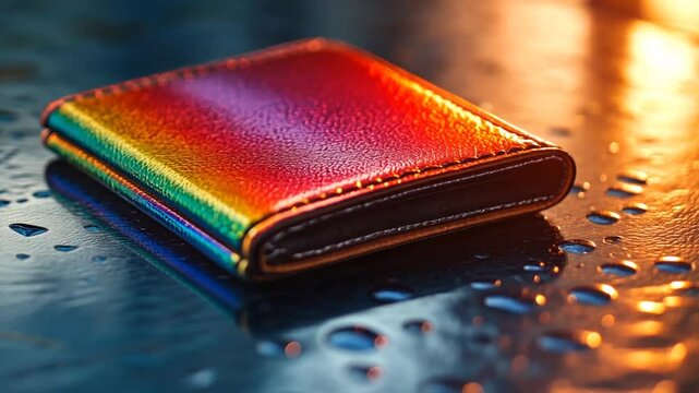 Rainbow leather wallet on wet surface, close-up