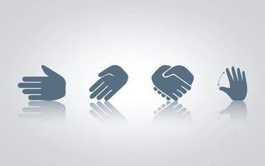 Hand gesture icons. hands, hand shaking, sizes, with grey color, with a silver background