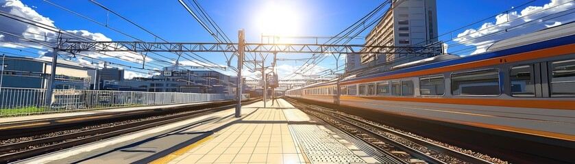 Fototapeta premium Train arriving at platform, city background, sunny day, transport