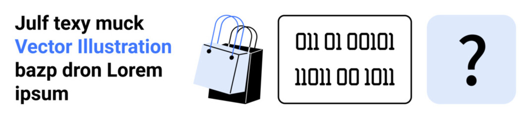 Shopping bags, binary code square, and question mark representing e-commerce, digitalization, technology, uncertainty, problem-solving, commerce innovation. Ideal for e-commerce ideas flat landing