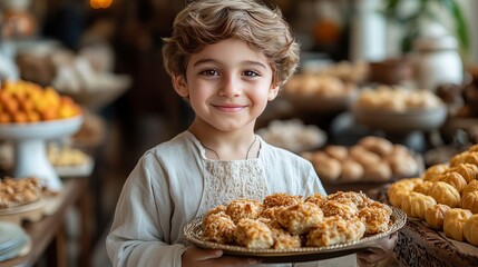 Adorable Child Holding Plate of Delicious Golden Brown Sesame Cookies Sweet Treats Bakery Pastry Shop boy boy kid food cute tray  