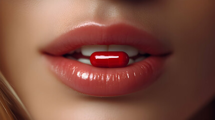 Shiny red pill held in the mouth, showing only glossy lips and teeth