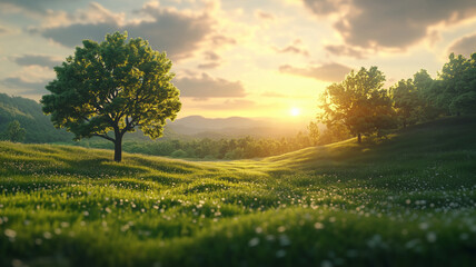 Fototapeta premium Morning light bathes a vibrant landscape with flourishing trees and soft hills