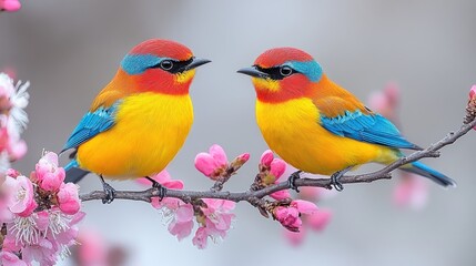 Obraz premium Two vibrant yellow, red, and blue birds perched on a blooming pink branch.