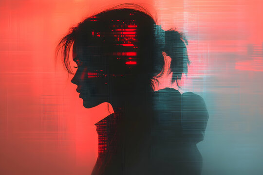 Silhouette of woman with red/blue glitch effect