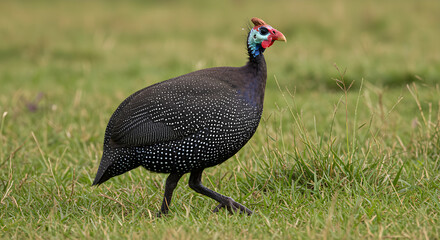 Fototapeta premium Helmeted guineafowl struts confidently across a grassy meadow landscape