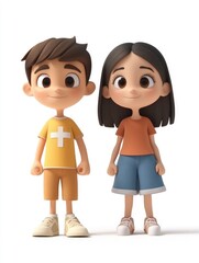 Cartoon Boy and Girl Standing Side by Side with Playful Outfits