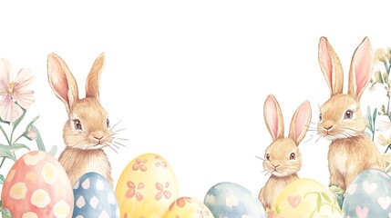 Obraz premium Easter bunnies eggs border. (1)