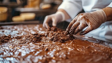 A confectioner spreads and shapes the melted chocolate carefully