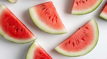 Bright red watermelon slices scattered across a clean, white surface