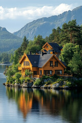 Obraz premium Scenic lake house with mountains