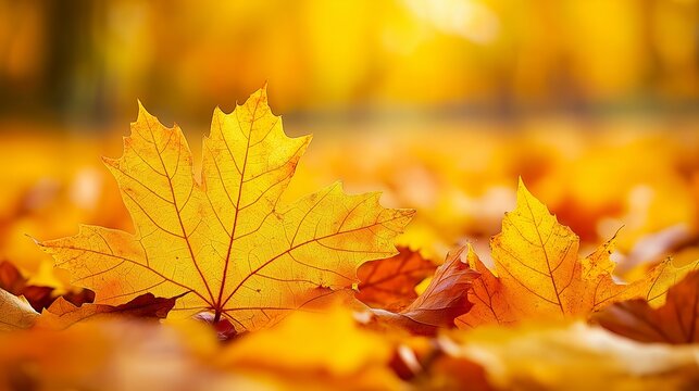 A close-up of sunlit autumn leaves in warm golden hues scattered on the ground
