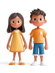 Cartoon Girl and Boy Standing Together Smiling on White Background