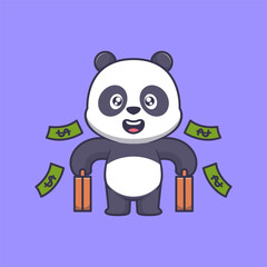 Cute panda holding money bags cartoon icon illustration	