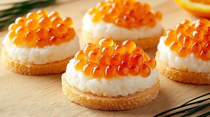   Close-up photo of a plate with orange jelly on cookies and an orange slice in the background