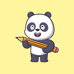 Cute panda holding pencil cartoon icon illustration	